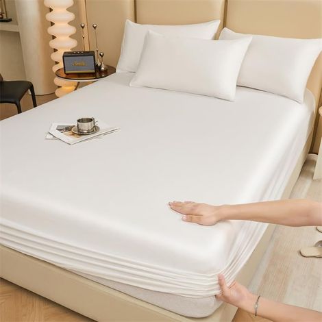 Protège-matelas 200 x 180 cm, drap-housse Queen pour lit double, tissu en coton, profondeur de bonnet 30 cm, antidérapant (blanc, drap seul) (1/3)