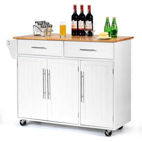 COSTWAY Carrello da Cucina, Carrello di Servizio con Ruote e Maniglia, 3 Ante e 2 Cassetti, Ideale per Cucina Ristorante Bar, 122x46x92,3 cm, Bianco (1/5)
