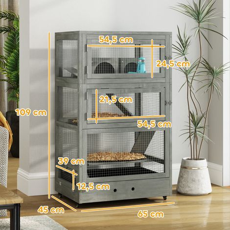 Cage en bois à 4 niveaux pour hamster, avec maisons, bascule, gamelles, rampes et roues, 65 x 45 x 109 cm, grise