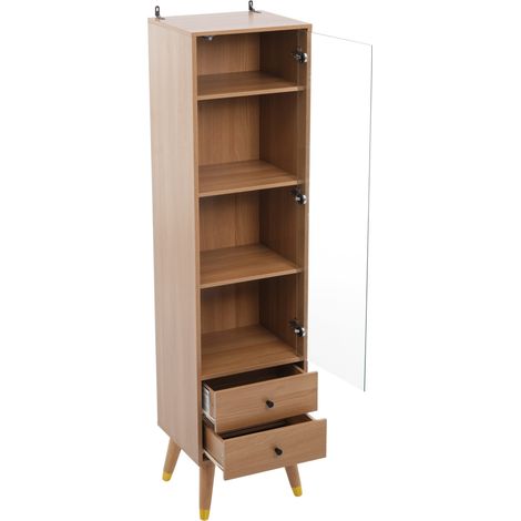 Vitrine moderne avec porte en verre, étagères réglables et 2 tiroirs, armoire polyvalente pour salon, bureau et salle de bain aspect bois (1/5)
