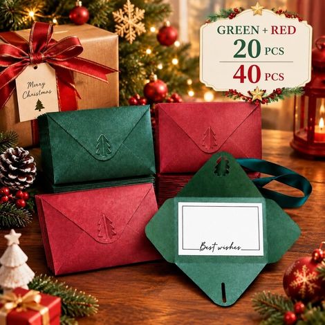 1 Pièce, Enveloppes de Noël, Vert Perlé et Rouge Vin avec Design Arbre et Cœur, 16.2 x 12.5 cm, pour Bureau, Fêtes (1/5)