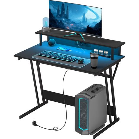 Bureau Gaming LED 100x60cm avec support moniteur, étagères, télécommande, noir