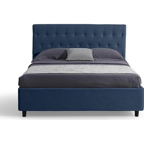 EVERGREENWEB Letto Matrimoniale con CONTENITORE, Testiera in Tessuto Blu Imbottita, Rete a Doghe in Legno 160x190cm VENEZIA (1/5)