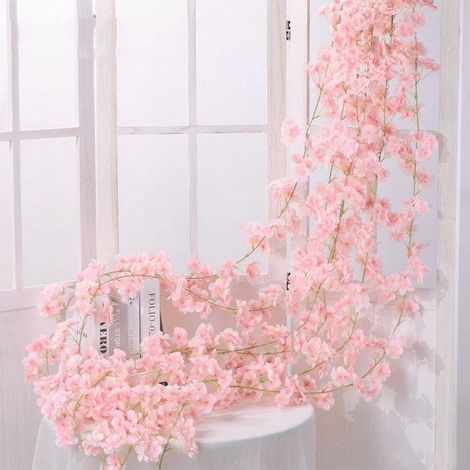 Guirlande de 6 fleurs de cerisier artificielles de 1,8 m en soie, tige en rotin, rose clair, idéale pour les mariages, les fêtes de jardin, les paniers, Noël et la décoration intérieure et extérieure. (1/5)