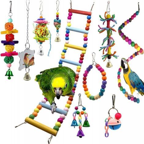 Lot de 10 jouets à mâcher pour balançoire pour oiseaux - Hamac pour perroquet - Jouets pour cage à perroquet avec perles en bois à suspendre pour petites perruches, calopsittes, conures, pinsons, perr (1/5)