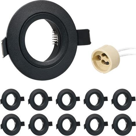 10x Spot Encastrable GU10 Aluminium Noir, spot led encastrable de plafond Projecteurs Cadre Avec Douille GU10, Rond Support extra plat Pour Lampes LED Ou Halogènes, Trou de montage ø60-70mm
