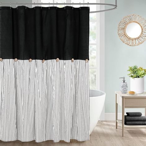 Rideau de Douche en Lin et Coton avec Boutons Style Rustique Noir 183 x 183 cm (1/5)