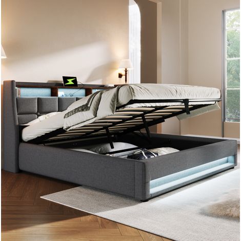 Bett mit Stauraum Leinen Grau 140x200 cm, mit LED, USB und Lattenrost (1/5)