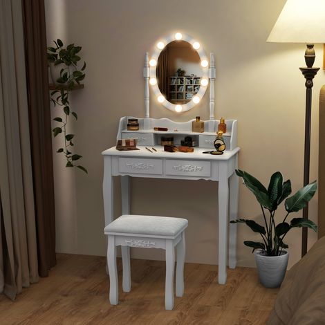 Coiffeuse avec 10 Ampoules et 4 Tiroirs Blanc 75x40x145cm CW47601 (1/3)