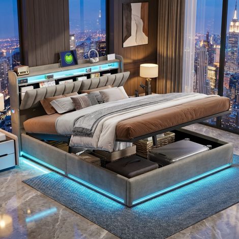 Lit coffre 160x200 cm avec led tête et pied de lit，sommier à lattes，station de charge usb et rangement hydraulique，velours，gris (1/5)