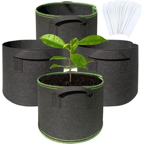 Sacs de plantation géotextiles de 5 gallons (environ 19 litres) en tissu non tissé avec poignée et étiquettes pour fraisiers. (1/4)