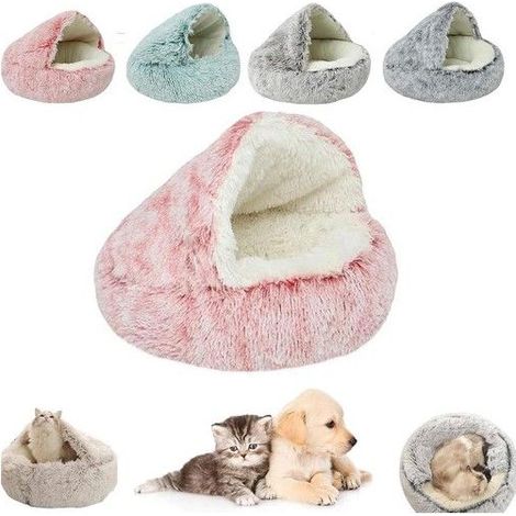 Lit gigogne clos pour animal de compagnie - Grotte chaude pour chat et chien - Rond en peluche moelleuse - Rose - 50 cm (1/5)