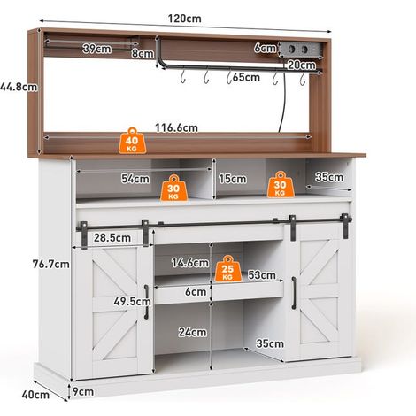 Bar à café 120 cm de long – Porte‑verres, prises (2 secteur + 2 USB), buffet style campagnard avec portes coulissantes – Coin café fonctionnel et connecté (1/5)