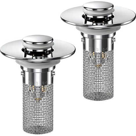 Crépine de vidange escamotable 2 pièces - Bouchon de vidange - Bouchon d'évier - Kit de vidange - Avec panier-filtre amovible en acier inoxydable et récupérateur de cheveux - Argenté - Salle de bain/C (1/5)