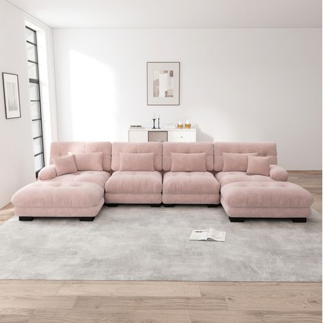 Canapé modulaire rose en chenille avec ottomans mobiles et confort moelleux (1/5)