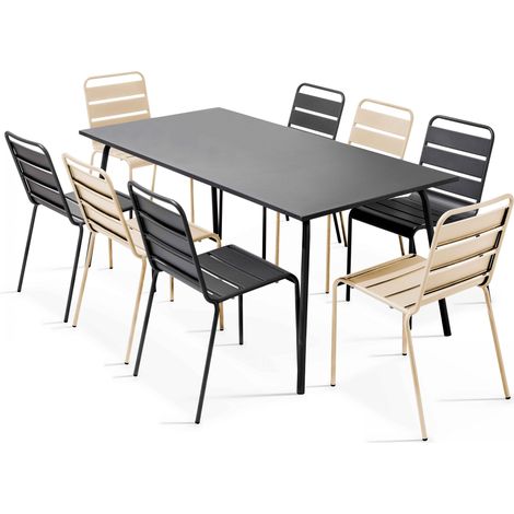 Ensemble table de jardin et 8 chaises en métal gris et ivoire - Palavas (1/5)
