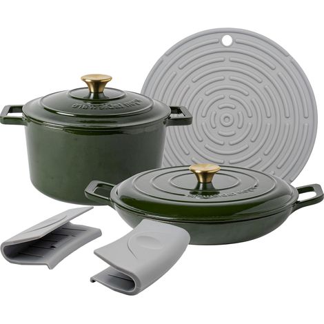 Set de 2 cocottes en fonte avec couvercles auto-arrosants, 2,3 L et 4,5 L, vertes, induction (1/5)