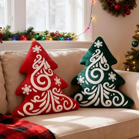 Lot de 2 Pièces Coussin Sapin de Noël, Coussin Décoratif de Noël Coussins d'hiver avec Ligne et Flocon de Neige pour Salon Chambre Canapé Lit (Rouge & Vert, 40x46cm) (1/5)