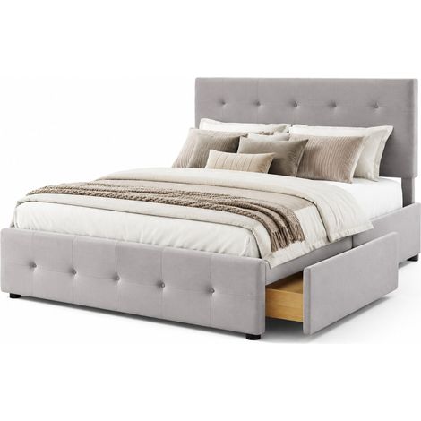 Lit 140 x 200 cm avec 4 tiroirs, sommier à lattes et tête de lit rembourrée en velours gris, pour chambre adulte ou ado - CHICFURN (1/5)