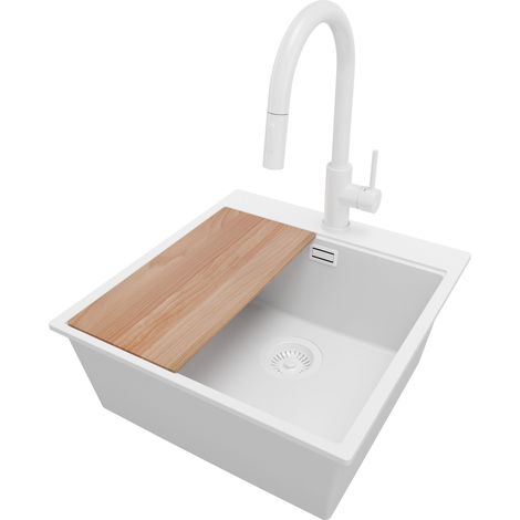 PRIMAGRAN Evier Cuisine en Granit 48x50cm, Lavabo 1 bac + Robinet 40x20cm + Kit de Vidage + Accessoire, Évier à Encastrer au meuble 50cm - Oslo, Tout Blanc (1/5)