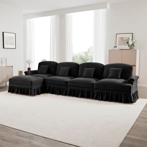 Canapé modulable 4 places, assise profonde, chenille, jupe froncée amovible, pieds tournés, noir (1/4)
