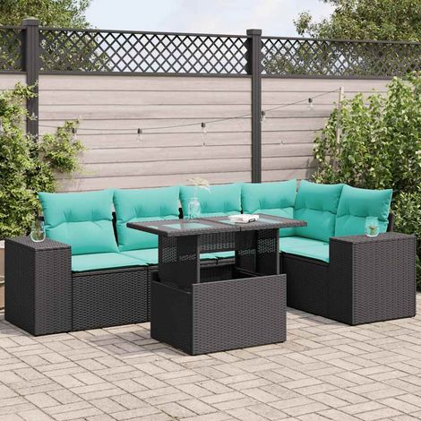 6tlg. Garten-Sofagarnitur mit Kissen Schwarz Poly Rattan Akazie (1/5)