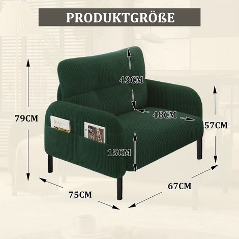 Fauteuil en tissu velours, assise profonde, accoudoirs avec poches latérales, structure solide – salon, chambre, bureau (1/4)