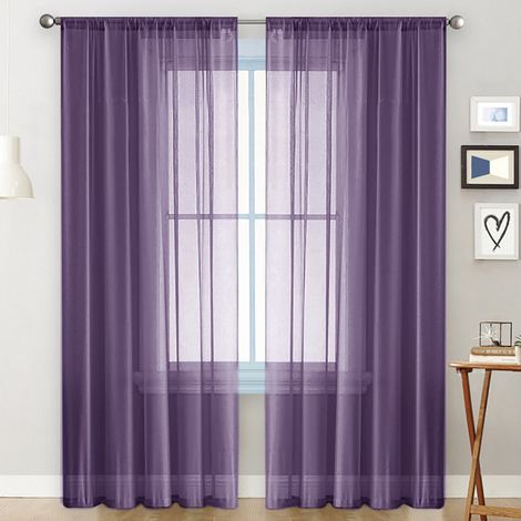 Ensemble de 2 rideaux à anneaux semi-transparents pour chambre, salon, maison, 132 x 241 cm, violet foncé (1/5)