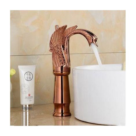 Robinet Salle de Bain Doré Laiton Massif Mitigeur Haut Robinet Lavabo Salle de Bain Robinet De Pont Monté(Tall,Or Rose) (1/4)