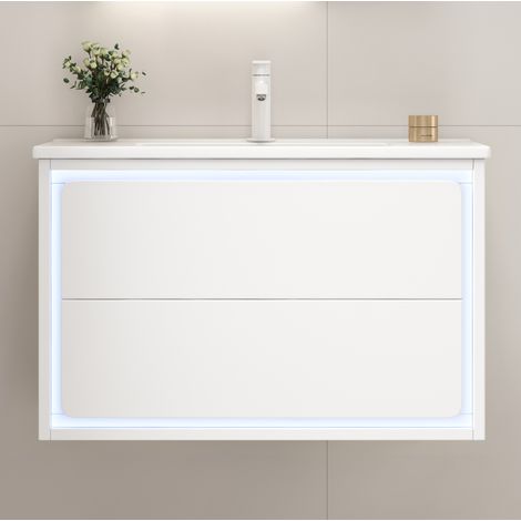 Mobile lavabo sospeso 76 cm con lavabo in ceramica e luce LED con sensore, bianco OKMYHOME (1/5)