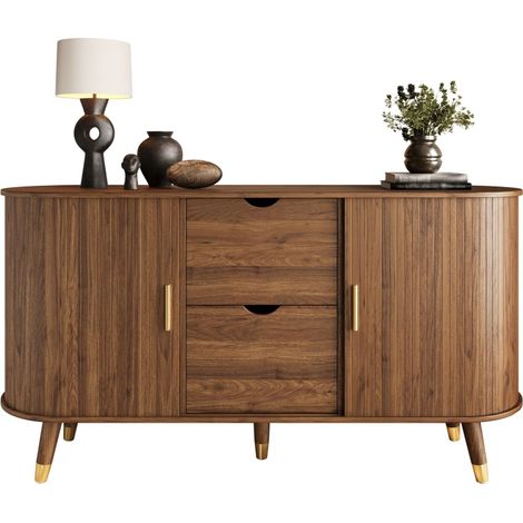 Buffet enfilade noyer 140 cm, 2 portes coulissantes, 2 tiroirs, MDF (1/5)