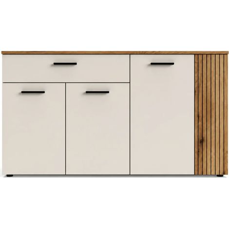 Credenza Frezo03 con 4 ante con dettaglio a listelli verticali e 1 cassetto colore cashmere e rovere evoque (1/5)