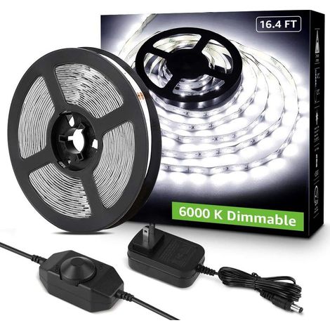 10M Ruban LED Dimmable, Bande LED Blanc Froid 6000K 600 LEDs SMD 2835, 24V Bandeau LED Autocollant avec Variateur, Connecteurs+Transformateur, Éclairage Intérieur pour Meuble, Escalier, Cuisine (1/5)