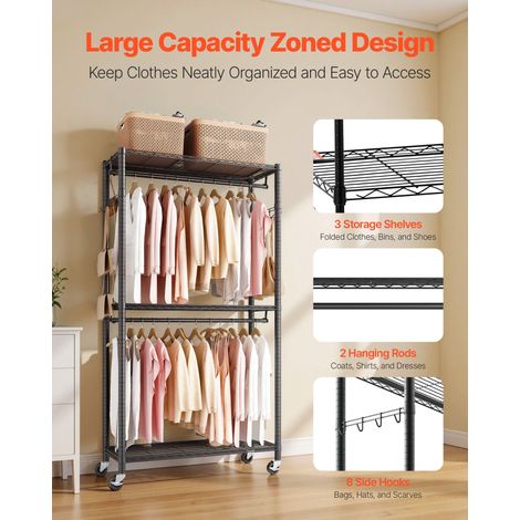 Portant à Vêtements Mobile, Portemanteau sur Roulettes à 3 Étagères Réglables, Penderie à Vêtements en Acier au Carbone, Capacité de Charge 204 kg, pour Rangement, Chambre Magasin, Noir (1/5)