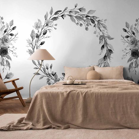 Papier peint photo - Couronne romantique - motif végétal gris avec feuilles et motif de rose (1/5)