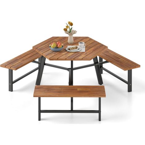 Conjunto de mesa y banco de madera de acacia para 6 personas 191 x 165 x 70 cm apto para exterior confort óptimo madera marrón 200012001
