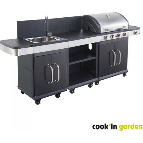 Cook'In Garden – Cuisine d'extérieur FIDGI 4 – Barbecue au gaz 4 brûleurs inox avec allumage piezo – Desserte et évier inclus – Surface de cuisson 68,5 × 42cm