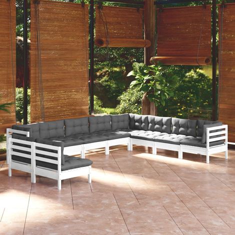 10-tlg. Garten-Lounge-Set mit Kissen Weiß Massivholz Kiefer (1/5)