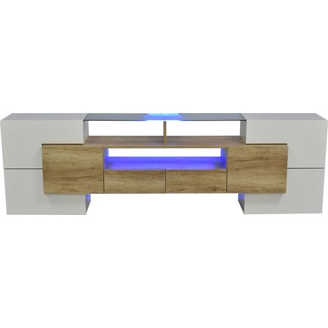 Mobile TV basso 200 cm bianco lucido e finitura legno con LED e piano in vetro MODENUIT (1/5)