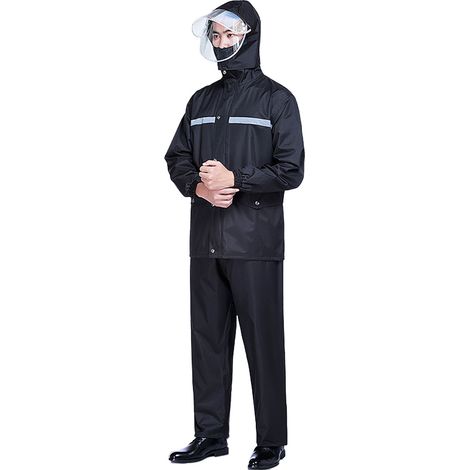 Combinaison de pluie noire adulte taille L : imperméable léger et respirant, pliable avec bandes réfléchissantes, veste et pantalon de pluie polyvalents. (1/5)
