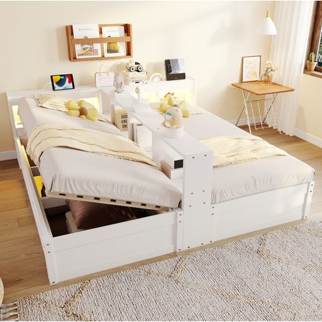 Bett multifunktional 90/180x200 cm weiß aus MDF, mit LED-Kopfteil, Steckdosen und hydraulischem Stauraum (1/5)