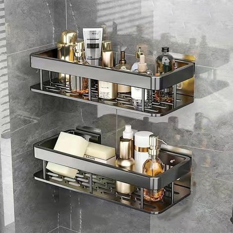 Étagère d'angle de douche à 2 niveaux avec panneau adhésif, étagère de rangement de douche en aluminium améliorée en 2 pièces, étagère de rangement pour salle de bain, fixation murale pour cuisine, no (1/5)