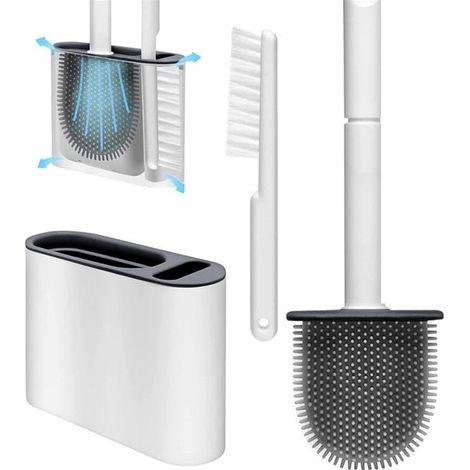 Brosse de toilette flexible avec support pour le nettoyage en profondeur avec fentes de ventilation, support de sol et mur (1/4)
