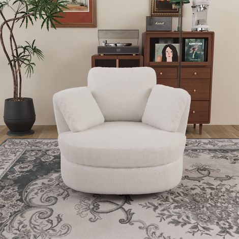 Fauteuil XXL pivotant 360° ivoire - Sherpa - 103x90,5x85,5 cm - 3 coussins - Salon chambre bureau