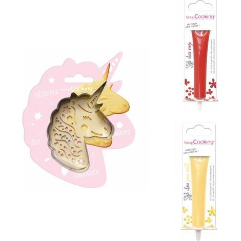 Kit pour biscuit en relief Licorne + 2 Stylos au chocolat rouge et jaune pastel