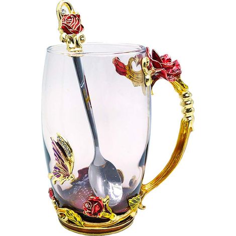 taza de cristal con diseño de rosa y mariposa, pintada a mano, con cuchara de acero inoxidable, apta para té, café o leche. (1/5)