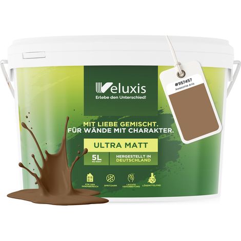 Peinture murale marron, beige, doré, mate, pour intérieur – pouvoir couvrant classe 1, sans COV, sans apprêt, à faible écoulement – salon et chambre – 2,5 L – Veluxis (Awesome Anis) (1/5)