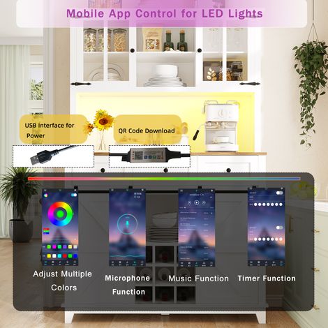 Buffet haut 105x38,4x180 cm, armoire de cuisine avec étagères réglables, vitrine à LED à couleurs variables, meuble de rangement blanc pour salle à manger. (1/5)