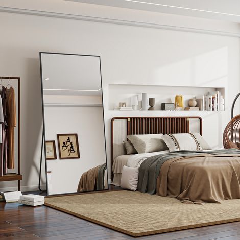 Koonmi Miroir sur pied pleine longueur, 180x76 cm, Corporel Robuste avec Cadre Aluminium, Miroir Mural Moderne à Poser ou Suspendre pour Salon, Chambre à Coucher, Design Minimaliste, Noir