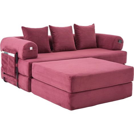 Sofá modular de pana color rojo vino con puf, estructura de metal, 3 cojines y bolsillo lateral (1/5)